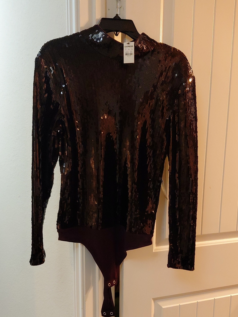 Express Burgandy Sequin Long-Sleeve Mock Neck Bodysuit